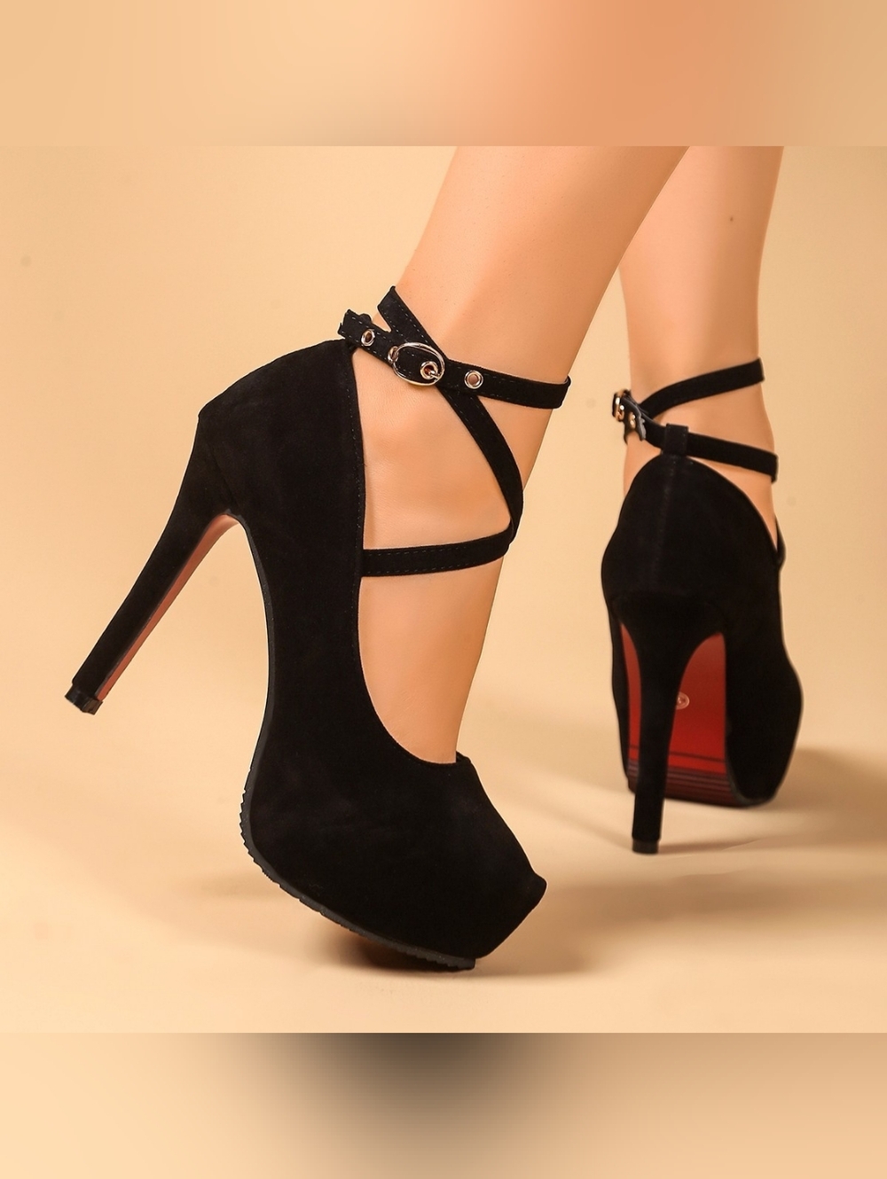 Black Suede Crisscross Ankle-Strap High Heels - Picture 2 of 4